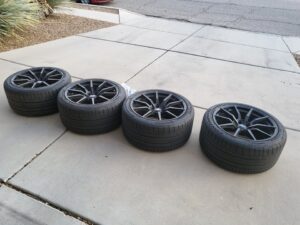 Set of SVE GT350s Satin Black w/ 295/35 Continental DWs and spacers/open lugs
